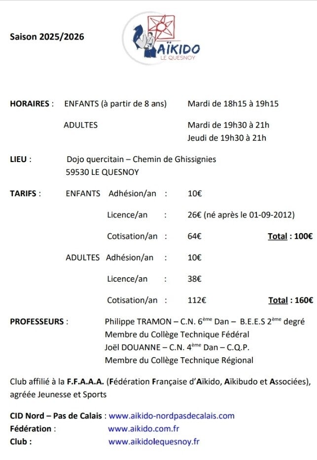 Tarifs Aïkido Le Quesnoy
