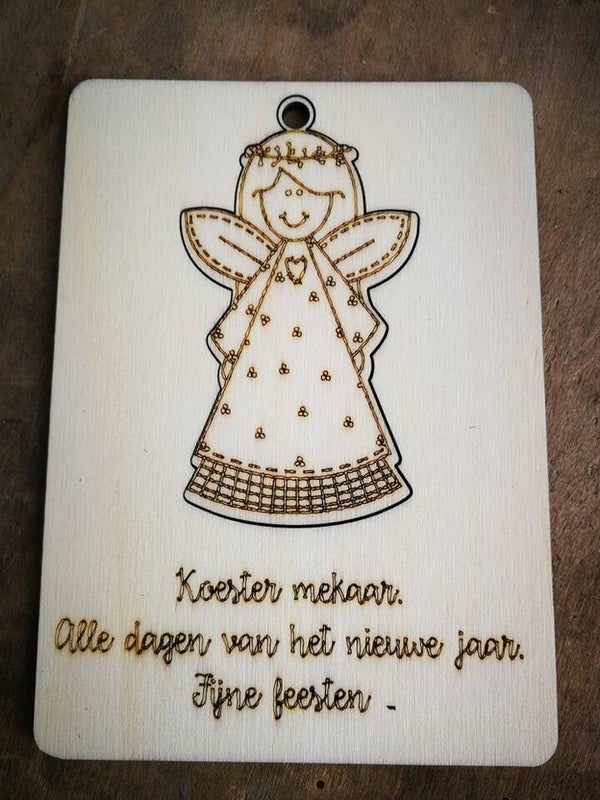 Houten kerstkaart engel