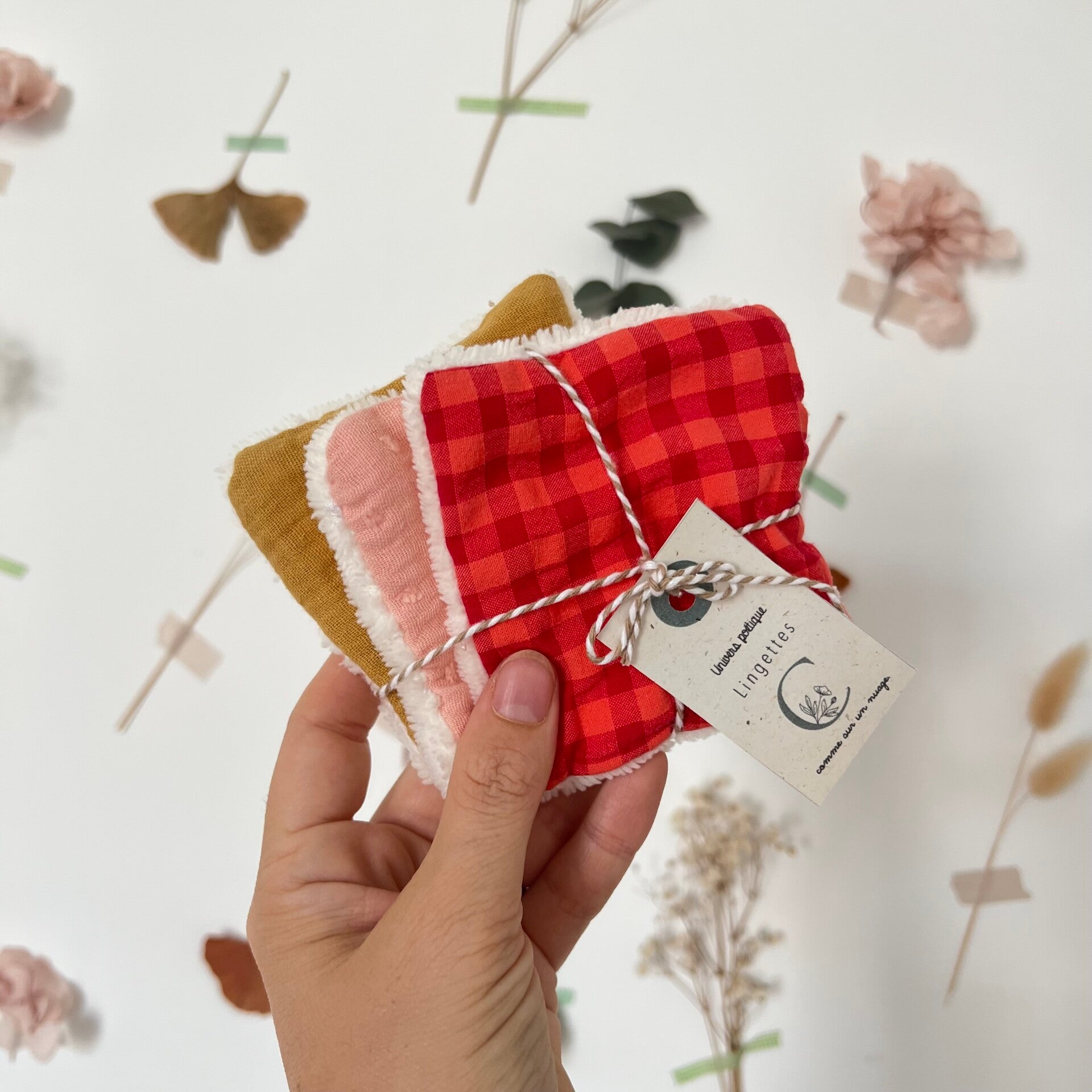 Vichy pastèque + plumetis rose + double gaze moutarde