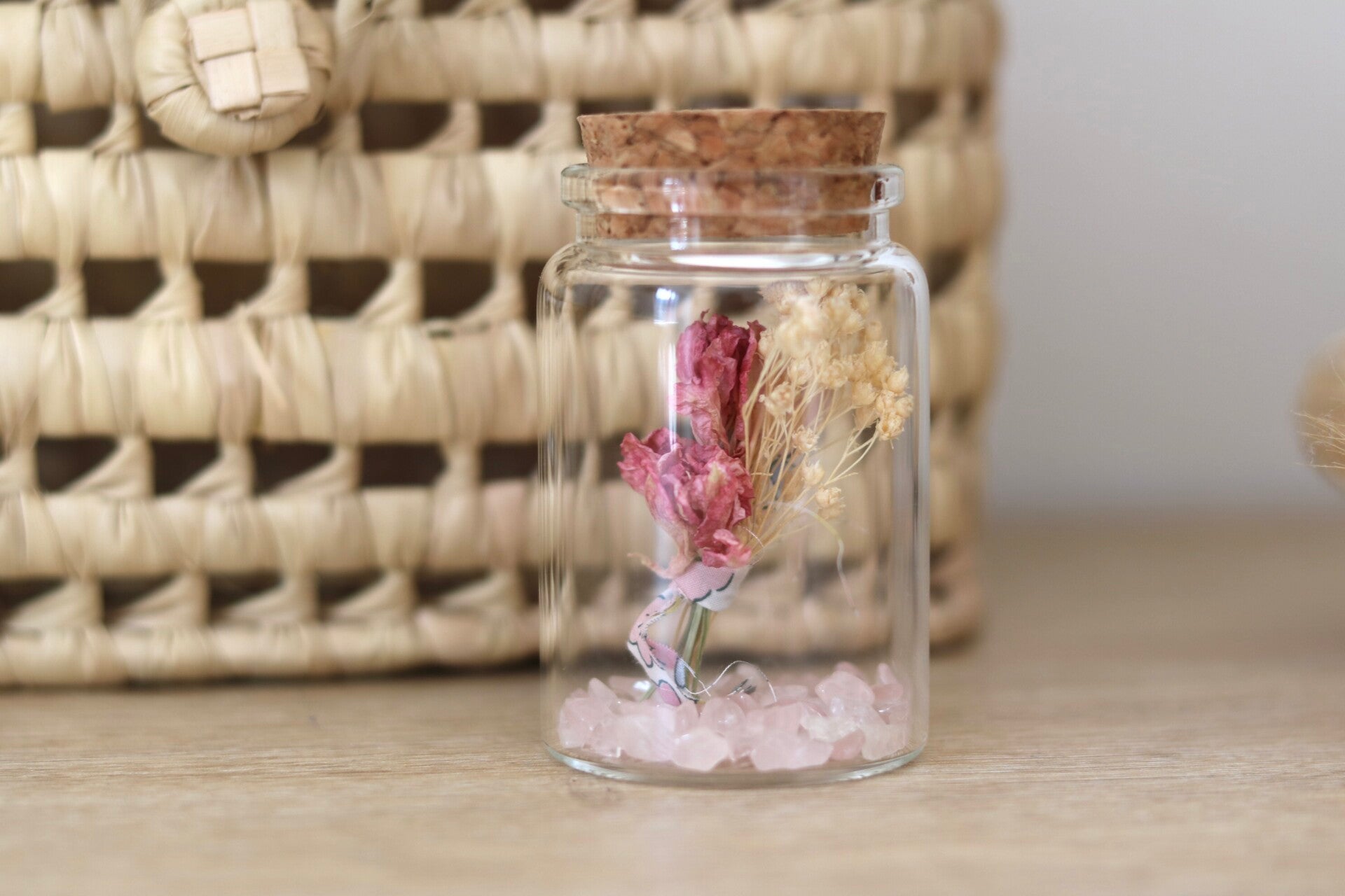 Petite fiole de souhait, quartz rose et calcite