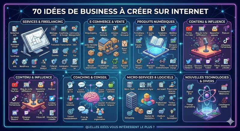 70 idées de business a créer sur internet