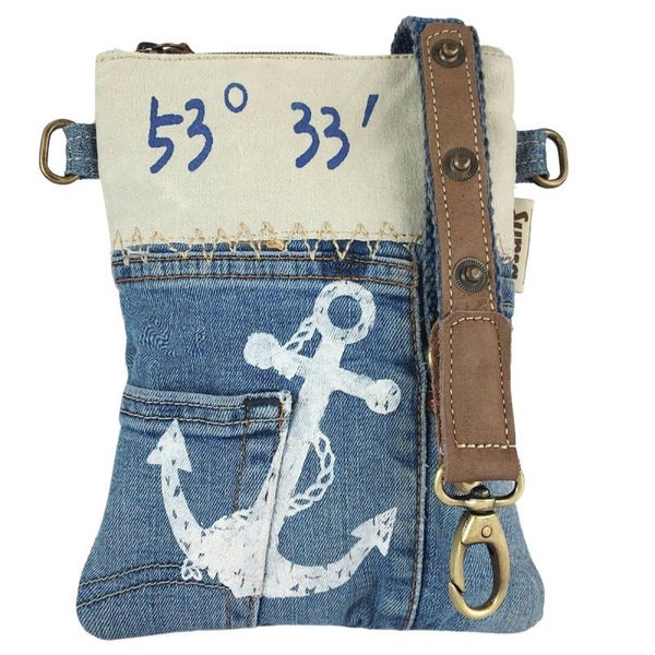 Shoulder bag made from recycled jeans & canvas vintage retro style maritime motif