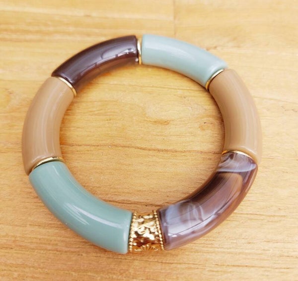 Elastische armband met acrylbuisjes, Groenblauw/bruin