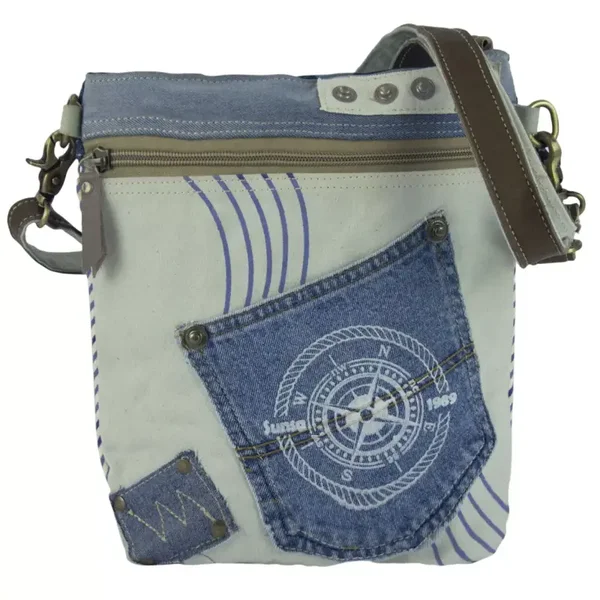 Sunsa sustainable shoulder bag from recycled jeans & canvas. Maritime motif