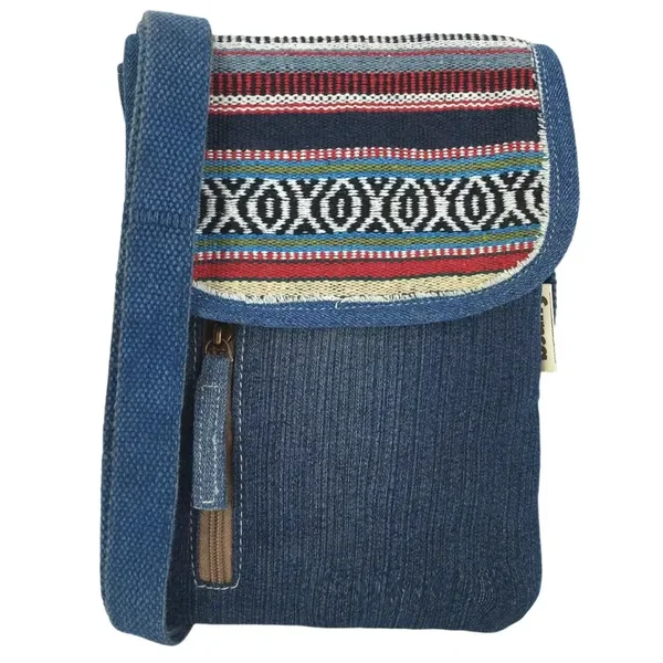 Sunsa Women's Sustainable Shoulder Bag,made from recycled jeans & woven cotton, vintage retro style.