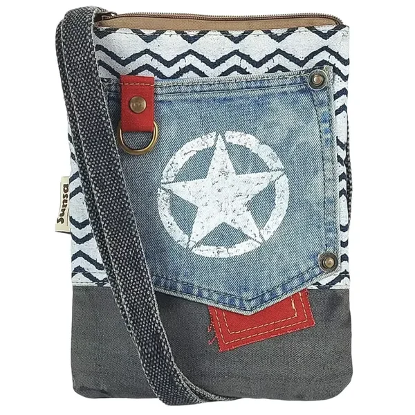 Vegan shoulder bag made from recycled jeans & canvas. vintage retro style.