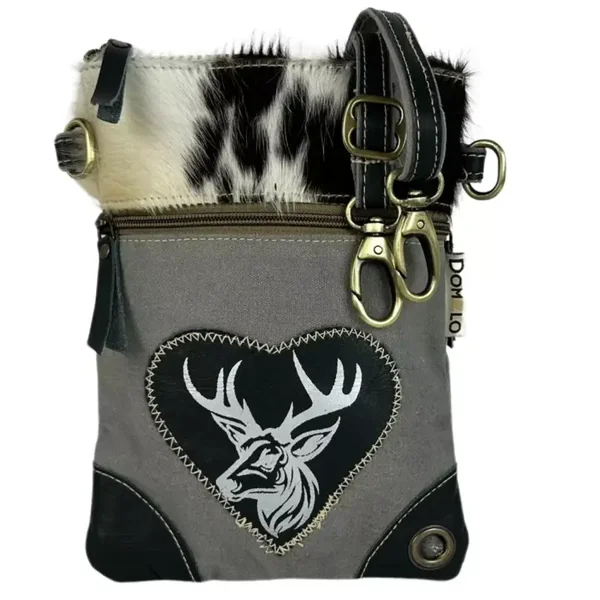 heart & deer design - crossbody bag made of canvas & cowhide.