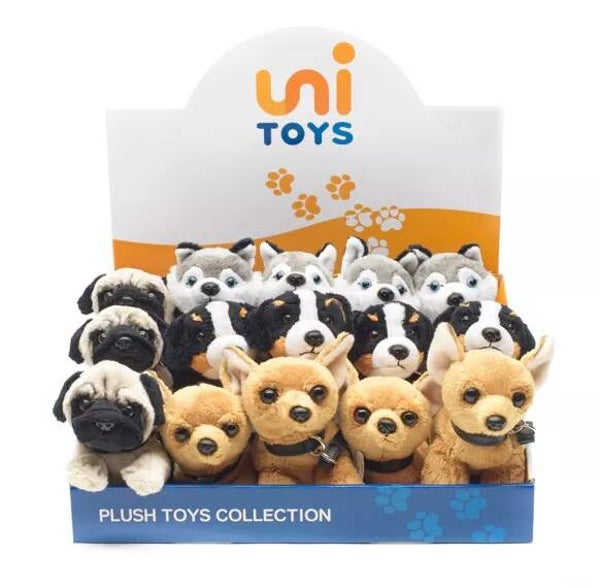 Plush puppies, 4 assorted, pug, husky, Bernese mountain dog, chihuahua