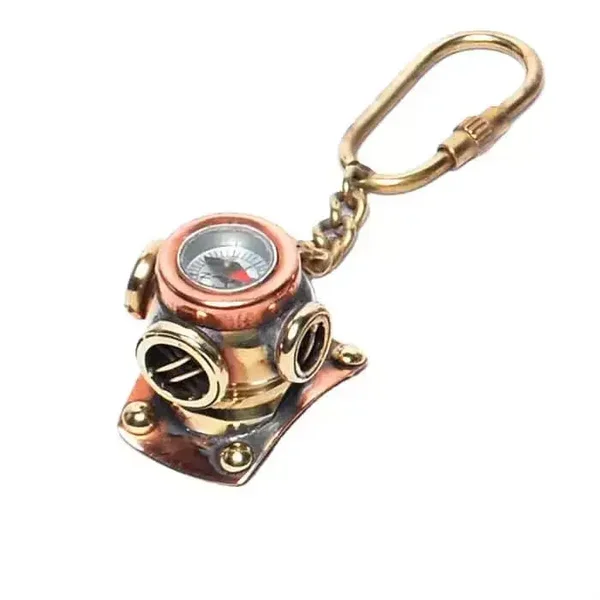 Nautical Brass Copper Diving Helmet Keychain With Compass