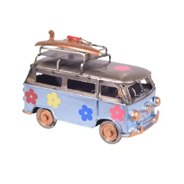 Turquoise Vintage Metal Bus Model with Surfboards