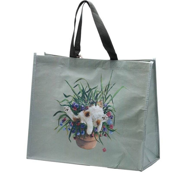 Kim Haskins Floral Cat in Plant Pot Groene gerecyclede herbruikbare boodschappentas