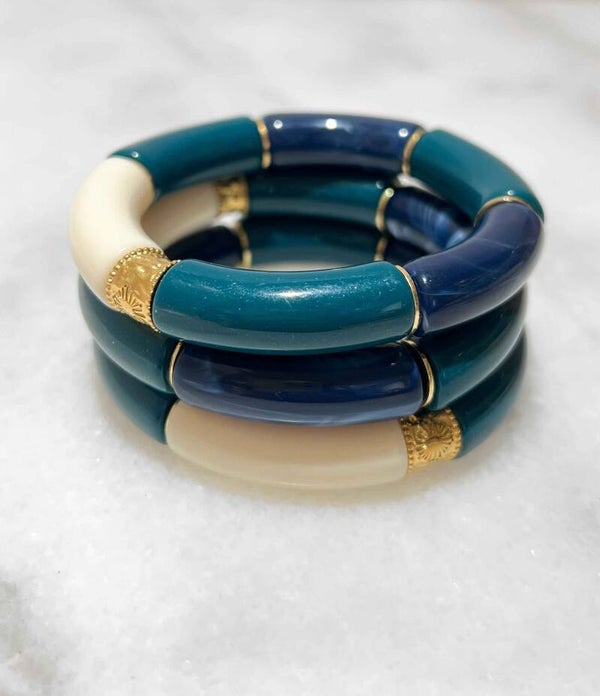 Elastische armband met acrylbuisjes, Blauw/Groen