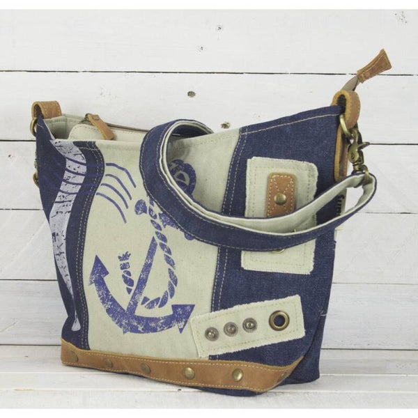 Ladies Shoulder bag made from recycled jeans & canvas with maritime motif