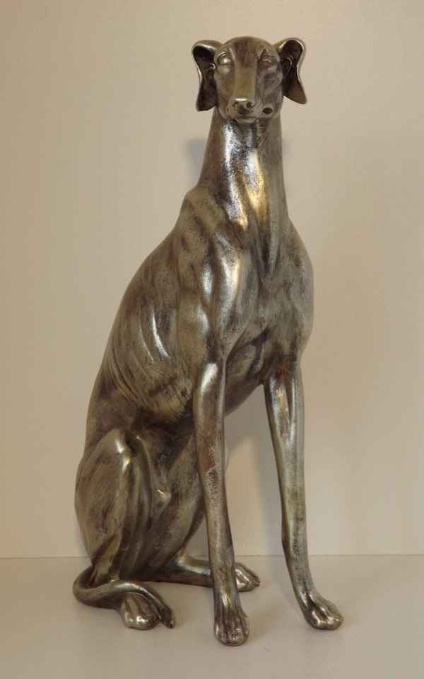 Sleak Sitting Silver Dog Polyresin