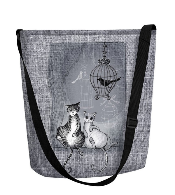 Crossbodytas met twee Katten in grijs vilt