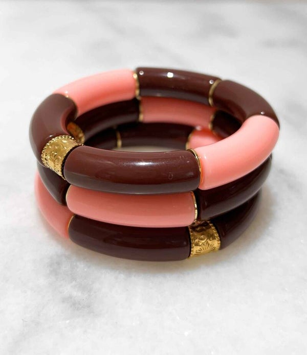 Elastische armband met acrylbuisjes, Roze/Bordeaux