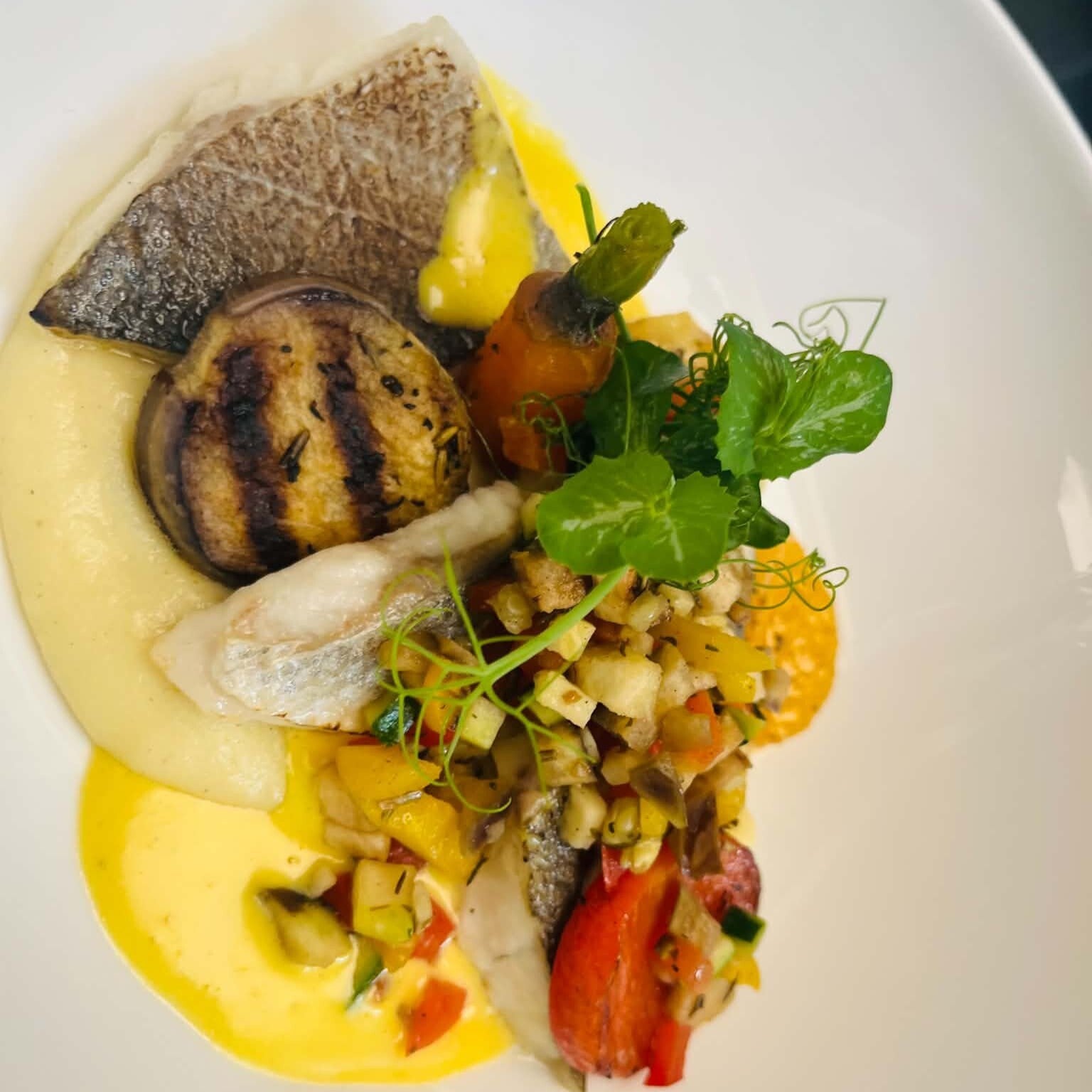 Hoofdgerecht Vis (Dorade royal|Mediterraanse Groentjes|Aardappel|Knolselder|Saffraansausje)