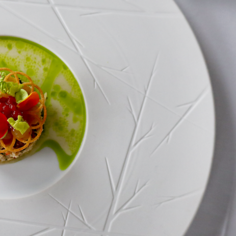 Voorgerecht vis (Crèmeux Krab|Coquille|Groene Appel|Koolrabi|Garnituur)