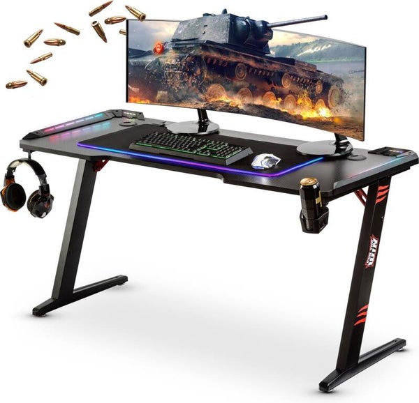 Giving® 140cm Gaming Bureau - Desk - LED verlichting XXL - Z-poot - Computertafel - Gaming Tafel - Game bureau - Playstation - Xbox - Cadeau heren - Vaderdag cadeau - Game PC