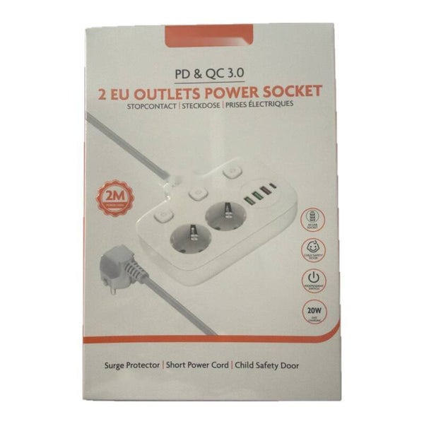 Stekkerdoos 2 stopcontacten + 4 USB-snelladers (PD & QC 3.0) – 2 meter