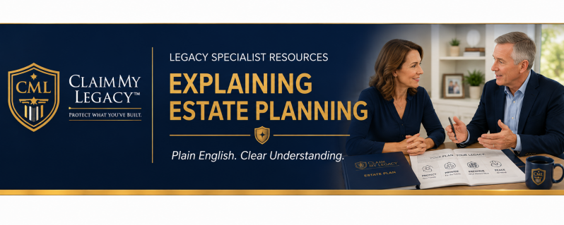 Claim My Legacy Legacy Specialist Resources masthead for Explaining Estate Planning, featuring a professional estate planning conversation and the message Plain English. Clear Understanding.