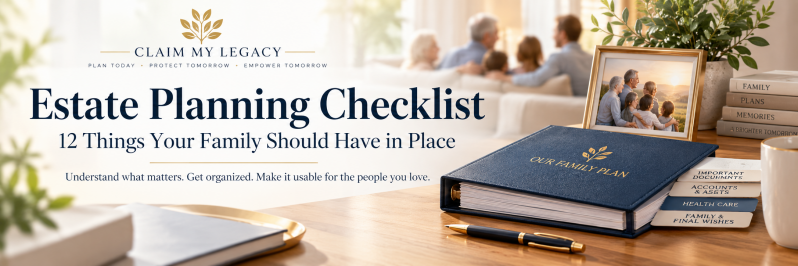 Estate planning checklist with family planning binder, documents, and family photo for Claim My Legacy