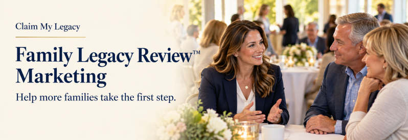 Claim My Legacy Family Legacy Review™ Marketing masthead showing a Legacy Specialist speaking with a couple.