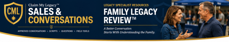 Claim My Legacy Family Legacy Review Legacy Specialist Resources masthead showing a Legacy Specialist having a friendly conversation with an older man at a community event.