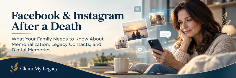 Woman viewing family photos and digital memories on a smartphone, illustrating Facebook and Instagram after a death.