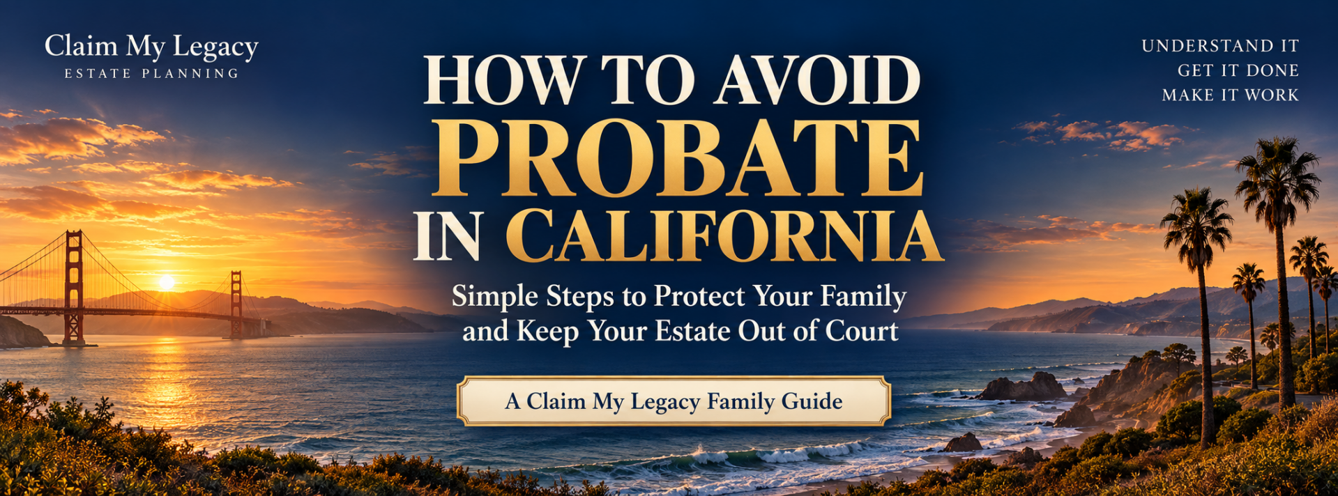 How to Avoid Probate in Texas family guide by Claim My Legacy, featuring Texas landscape, flag, bluebonnets, windmill and skyline