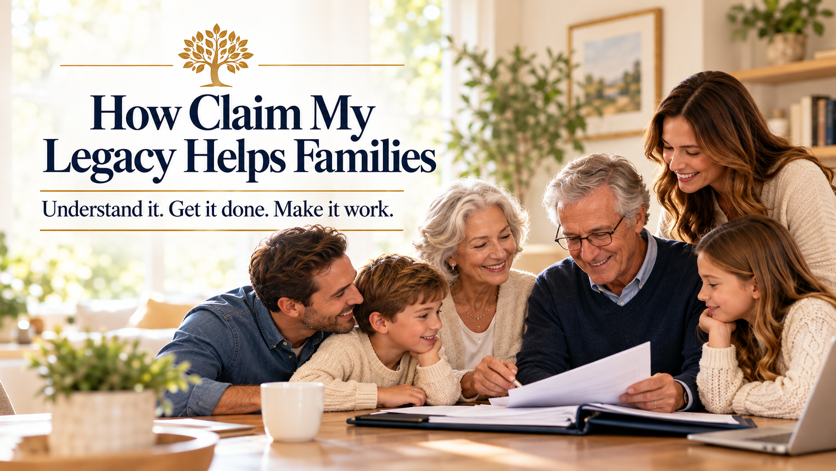 Multigenerational family gathered together with estate planning documents, representing why families choose Claim My Legacy for clear, practical estate planning guidance.
