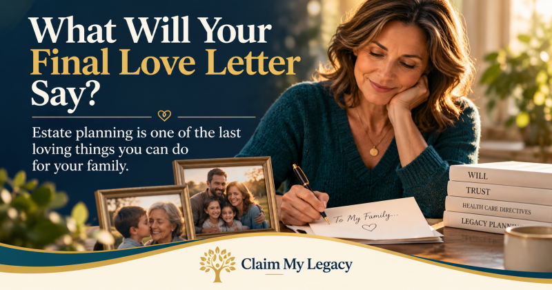 Woman writing a final love letter to her family beside estate planning documents and family photographs.