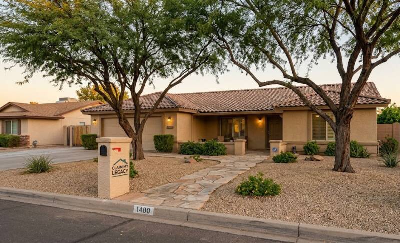 A typical single-family home in a Mesa, Arizona neighborhood, illustrating a modest estate that may require a living trust to avoid probate.