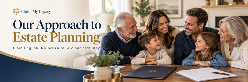 Multigenerational family gathered around a table with estate planning documents and the headline “Our Approach to Estate Planning” with the subheadline “Plain English. No pressure. A clear next step.”