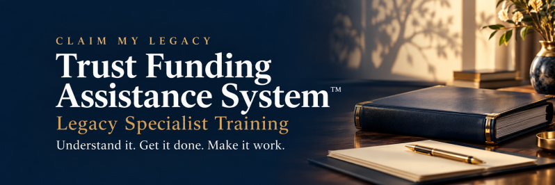 Claim My Legacy Trust Funding Assistance System™ Legacy Specialist Training, with an organized document binder and the message “Understand it. Get it done. Make it work