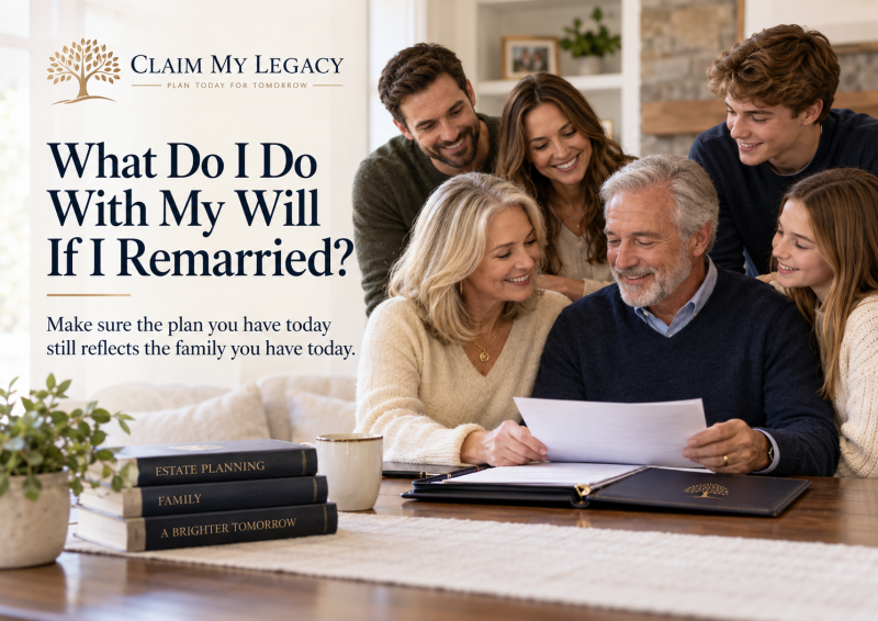 Blended multigenerational family reviewing estate planning documents together with the headline “What Do I Do With My Will If I Remarried?”