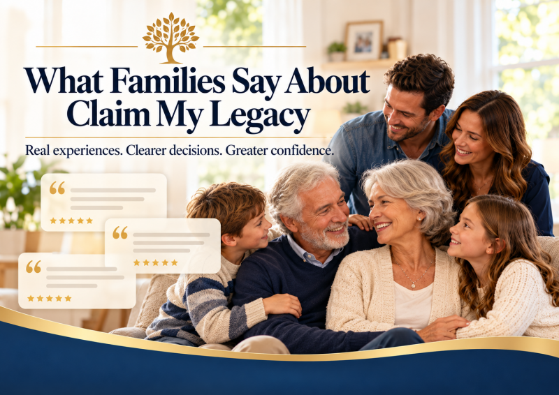 Smiling multigenerational family gathered together with the headline “What Families Say About Claim My Legacy.”