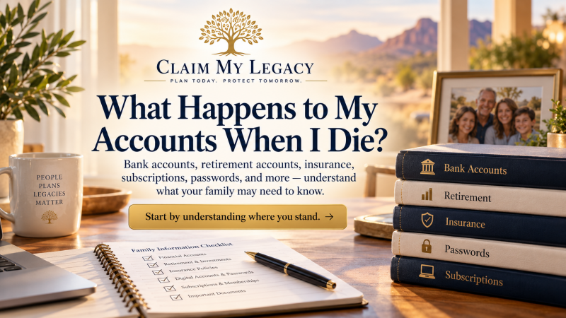 Claim My Legacy masthead for “What Happens to My Accounts When I Die?” featuring bank accounts, retirement, insurance, passwords, subscriptions, and a family information checklist.
