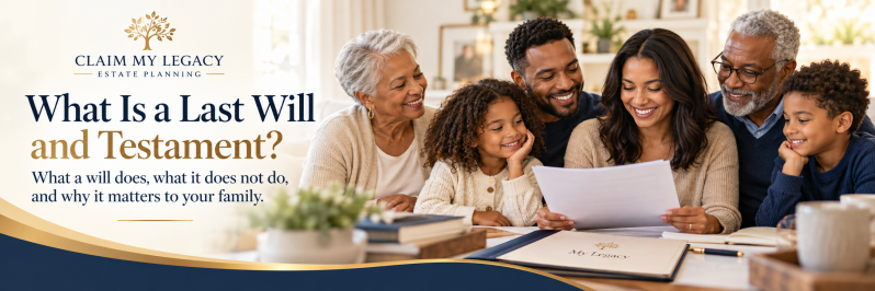 Multigenerational family reviewing estate planning documents with the headline “What Is a Last Will and Testament?”