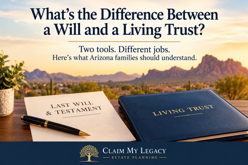 Will and Living Trust documents displayed side by side with an Arizona desert background and the headline “What’s the Difference Between a Will and a Living Trust?”