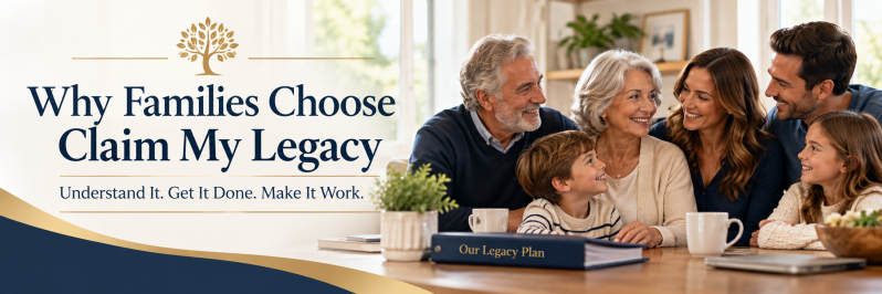 Multigenerational family gathered together with estate planning documents, representing why families choose Claim My Legacy for clear, practical estate planning guidance.