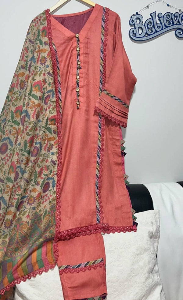 Pashmina Plain Suit with Kalamkari Print Shawl – 3-Piece Set