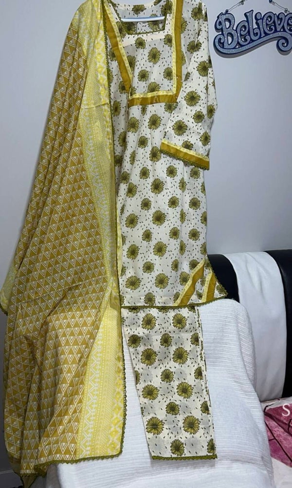 Sapphire 3-Piece Printed Lawn Suit – Yellow with Green & Ivory Accents