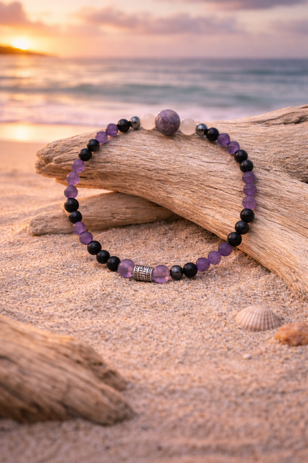 Handcrafted Gemstone Stretch Bracelet – Plum Tourmaline, Cloudy Quartz, Faceted Amethyst, Black Obsidian & Hematite