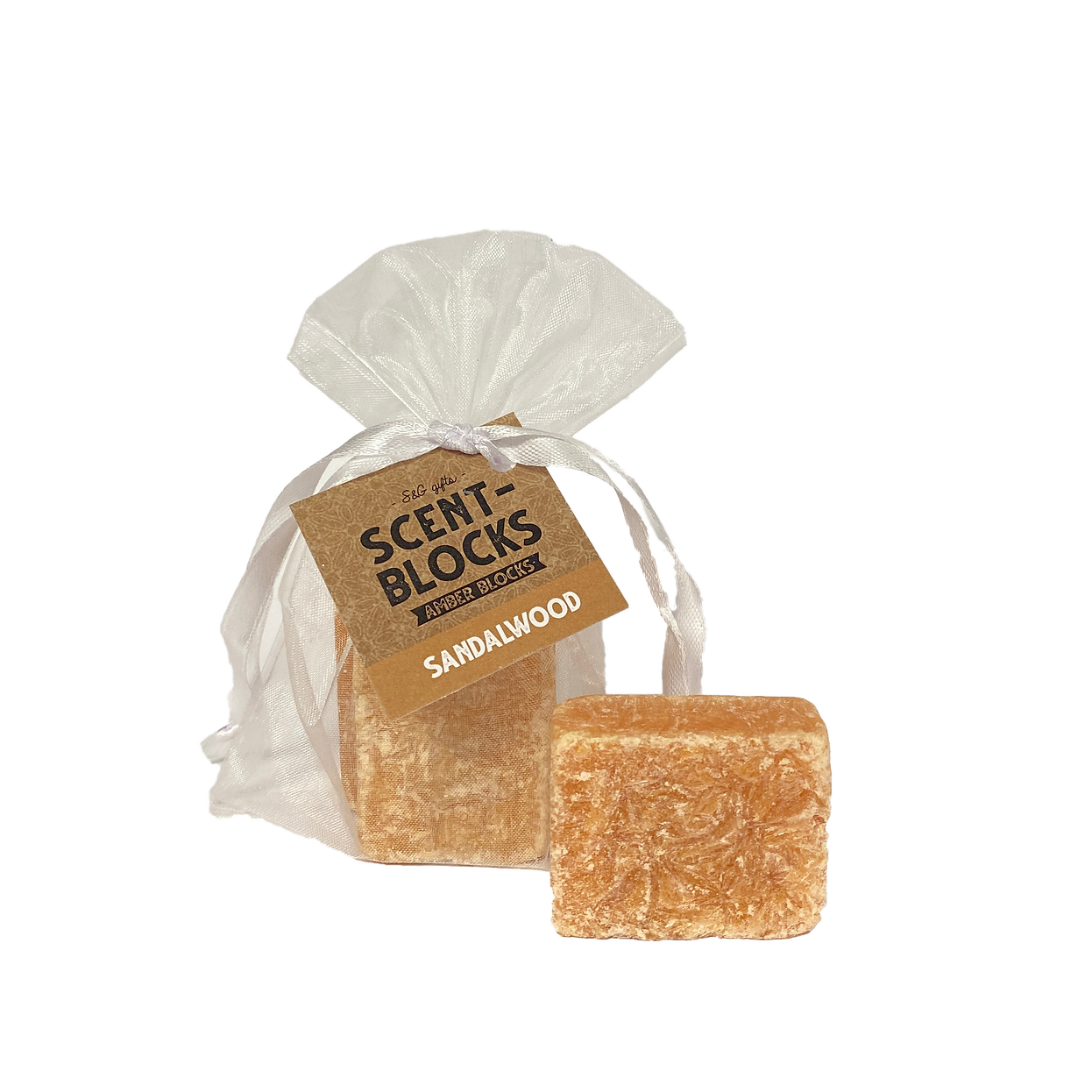 2 Geurblokjes in organza zakje Sandelwood