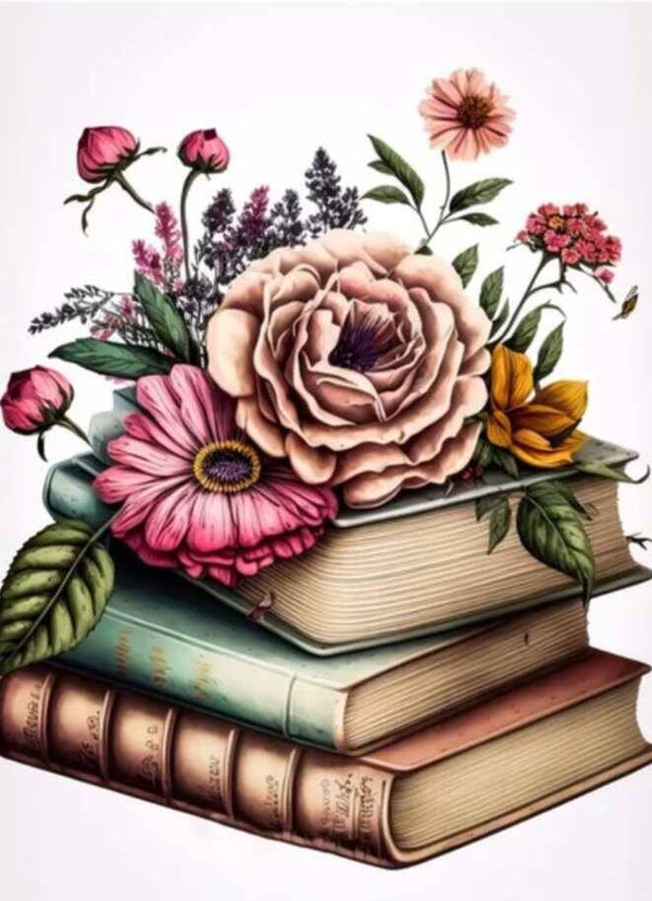 Boeken met bloemen - Diamond Painting Rond