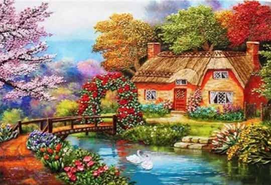 Huisje in het bos , beekje - Diamond Painting