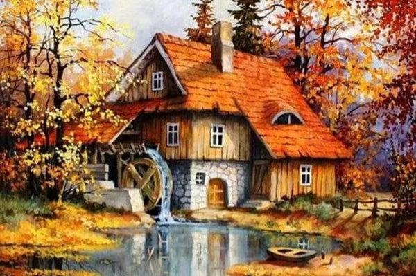 Huis , watermolen - Diamond painting
