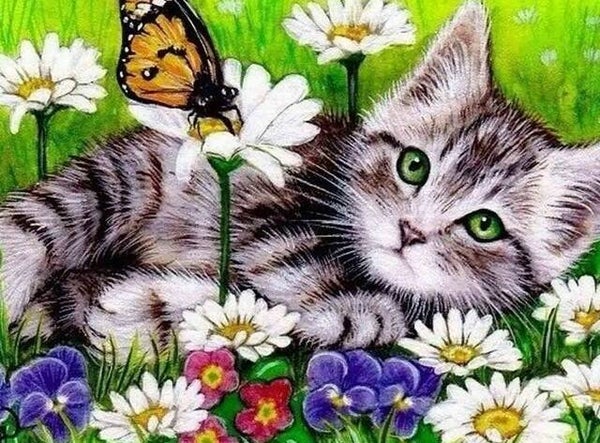 Kitten , bloemen , vlinder - Diamond Painting Rond