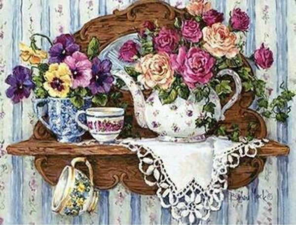 Thee servies , rozen / viooltjes - Diamond Painting Rond